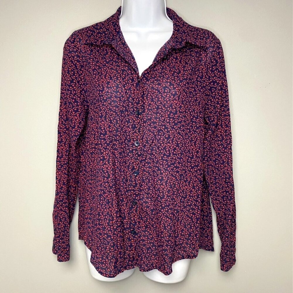 LOFT 100% Cotton Navy Pink Anchor Button Up Long Sleeve Nautical Top Size M